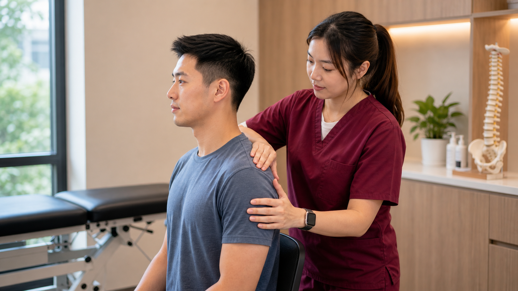 One Spine practitioner helping a patient with seated shoulder care