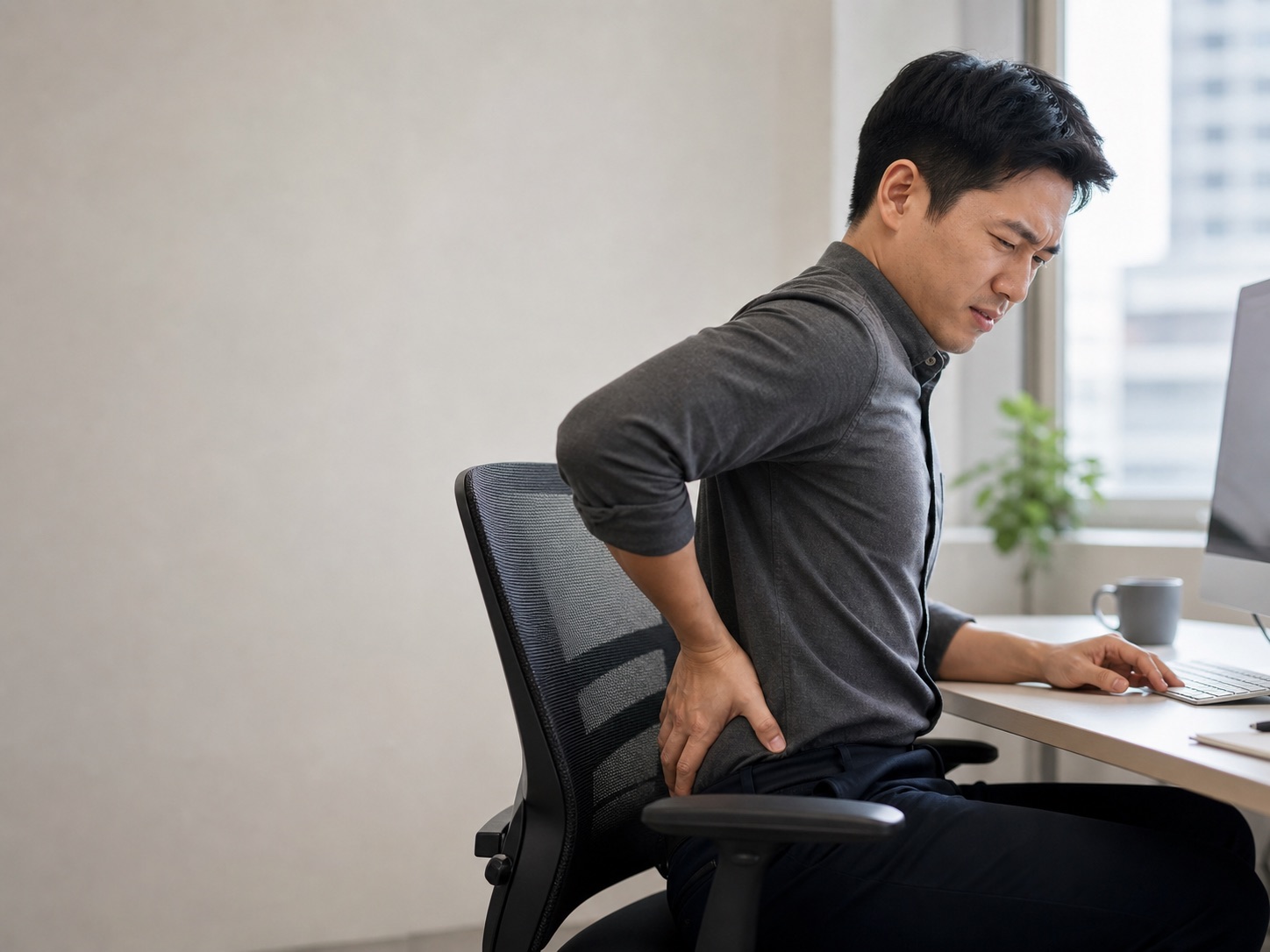 Working adult with lower back and hip discomfort after sitting