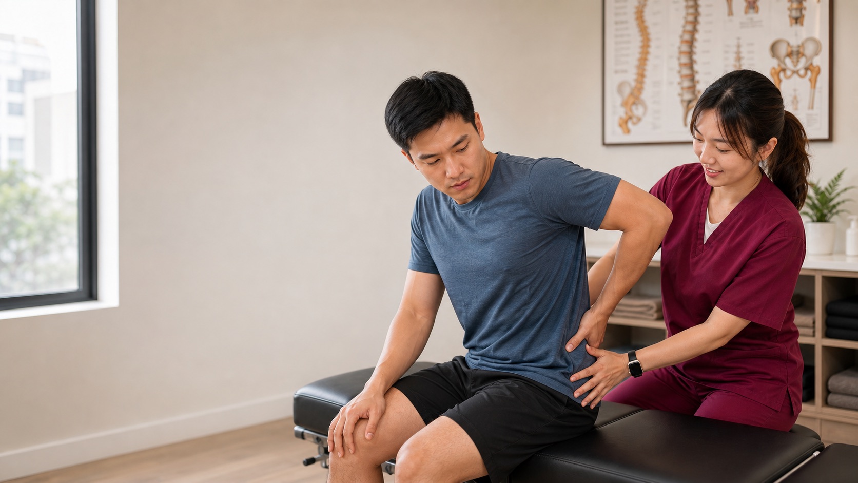 One Spine chiropractor assessing lower back and hip area for sciatica-like symptoms