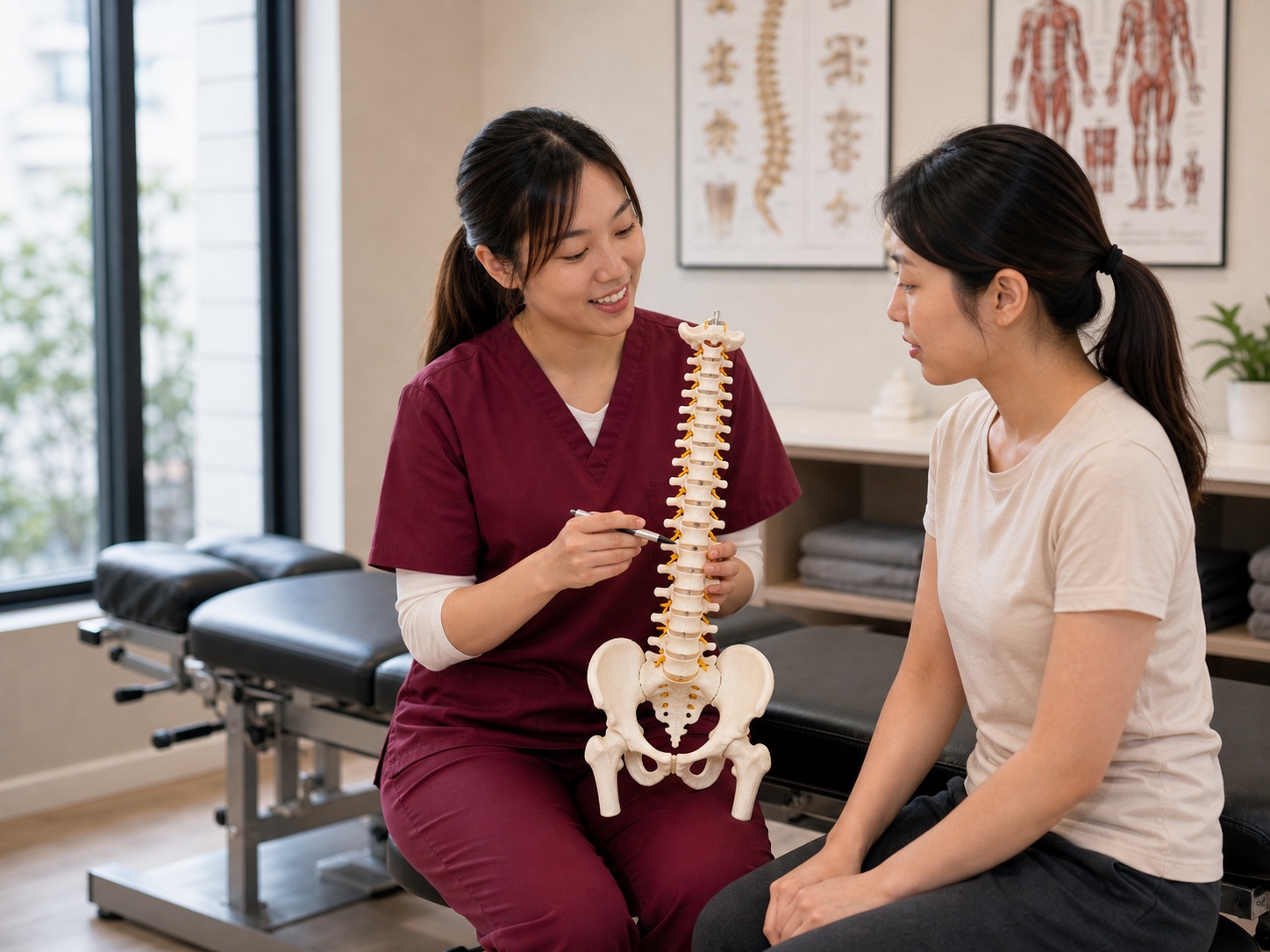 One Spine chiropractor explaining spine and nerve assessment with a spine model
