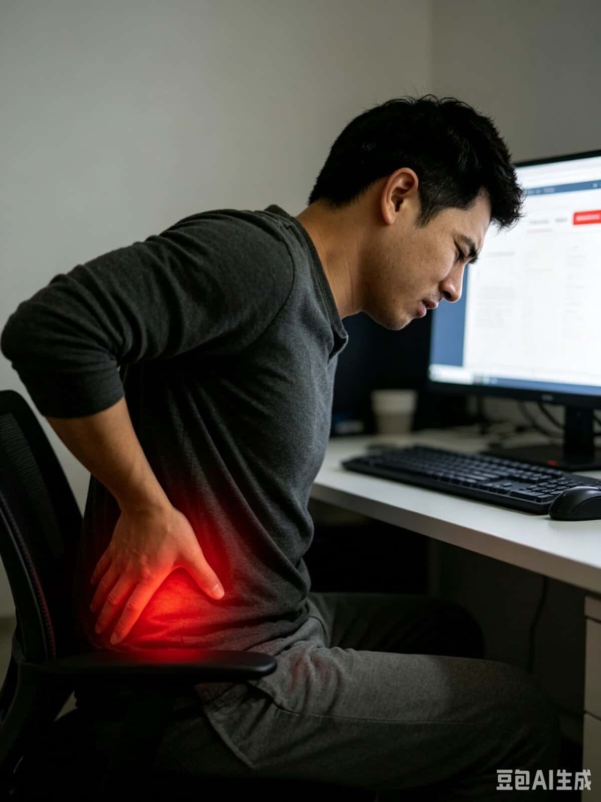 Man experiencing lower back pain while working at desk, highlighting need for chiropractic care.