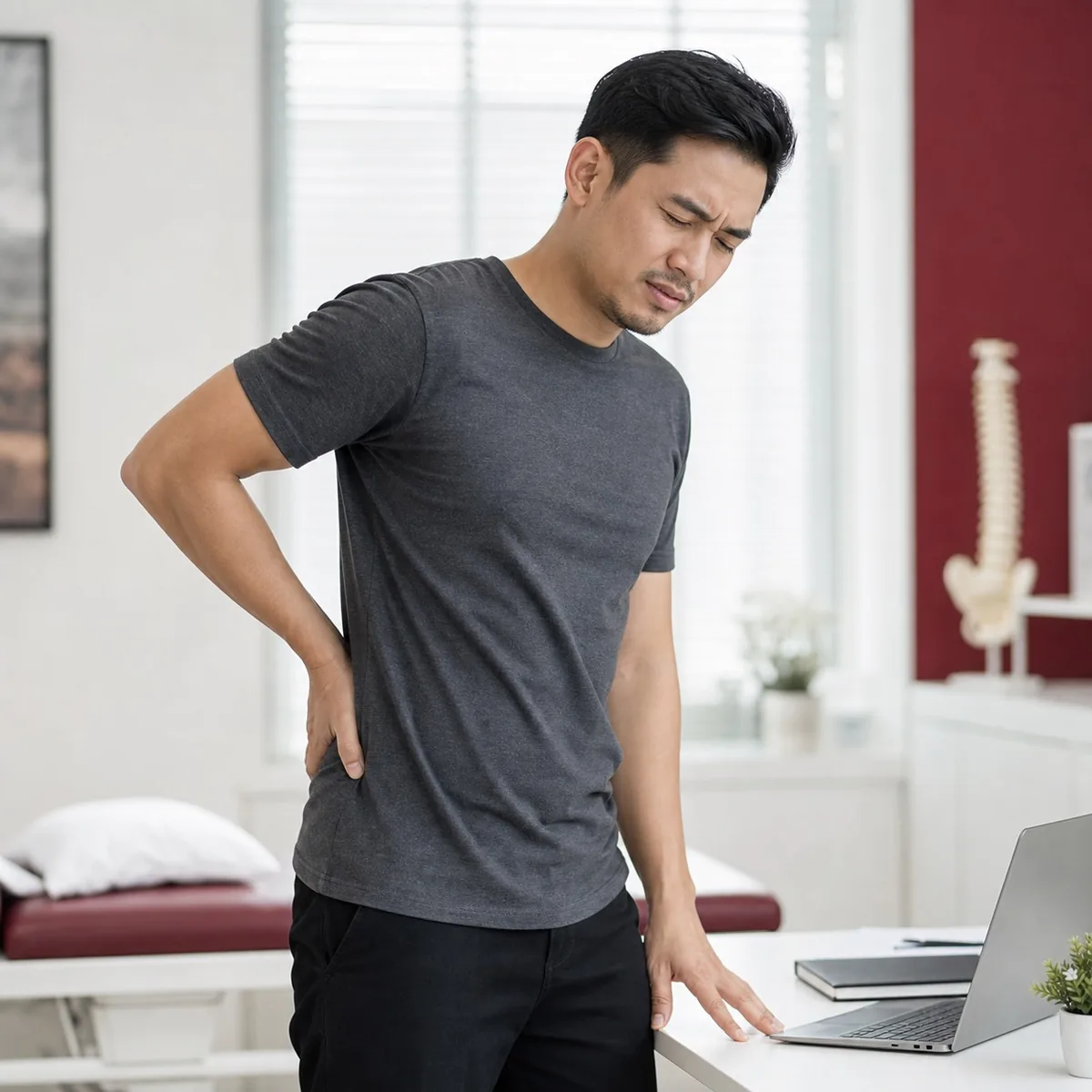 Home 8 Pan-Asian man indicating lower back pain in a clinic setting