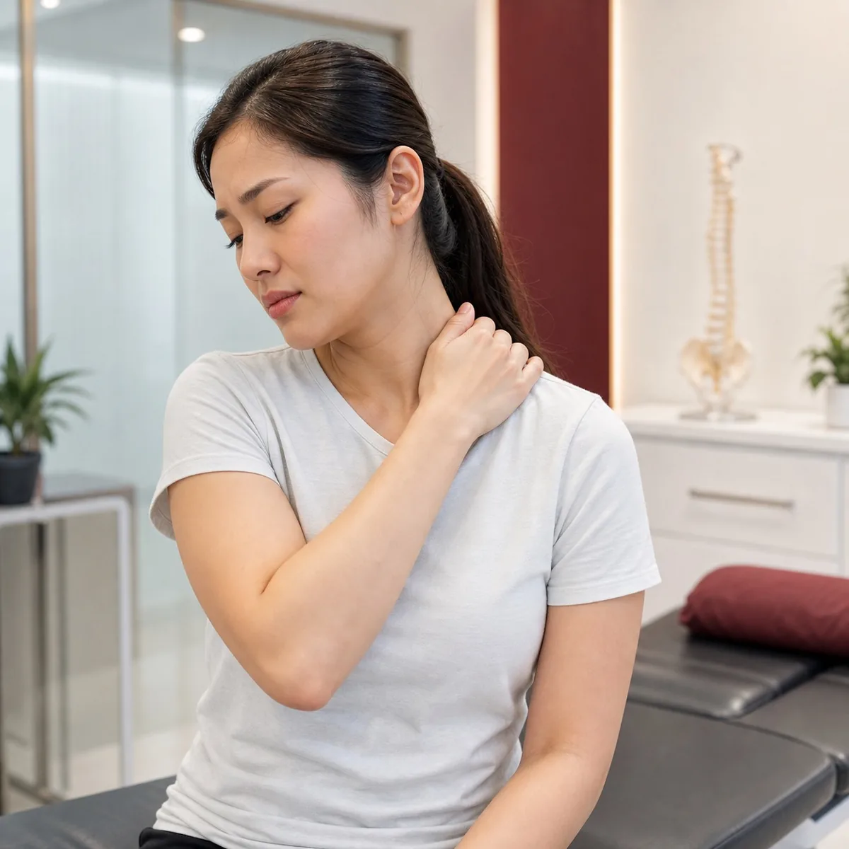 Home 9 Pan-Asian woman touching her neck and shoulder due to stiffness