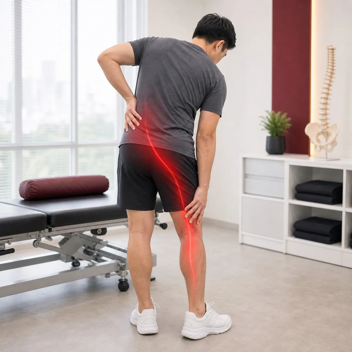 Home 10 Man seen from behind with a red highlight showing sciatic pain from lower back down the leg