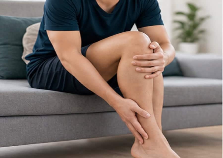 Person holding the heel because of morning heel pain