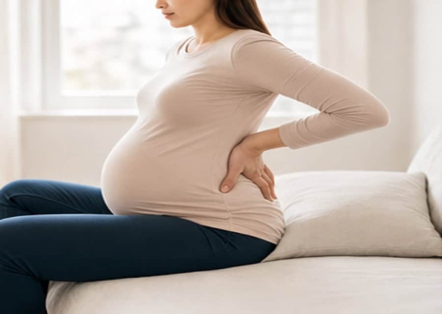 Pregnant woman holding her lower back because of pregnancy back pain
