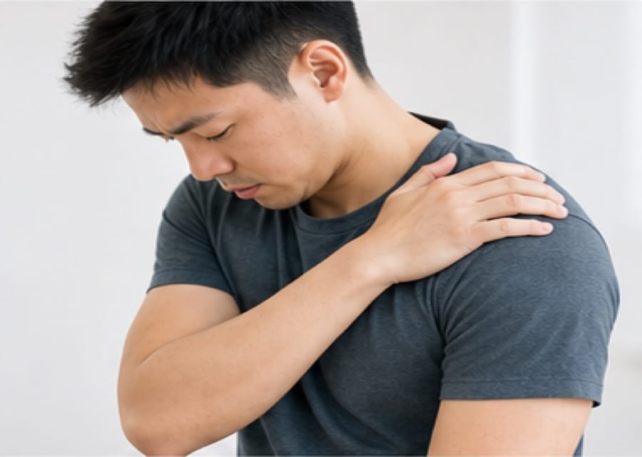 Person holding shoulder because of shoulder pain