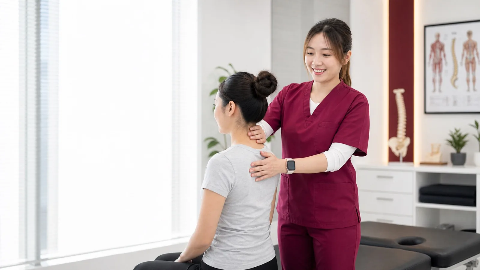 Home 2 Female therapist in maroon scrubs assessing a patient's neck and posture in a bright clinic