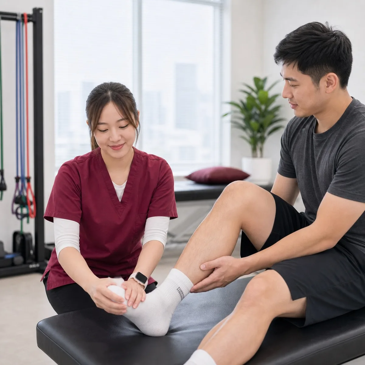 Home 11 Female therapist in maroon scrubs gently smiling while assessing a sports injury in a physiotherapy clinic
