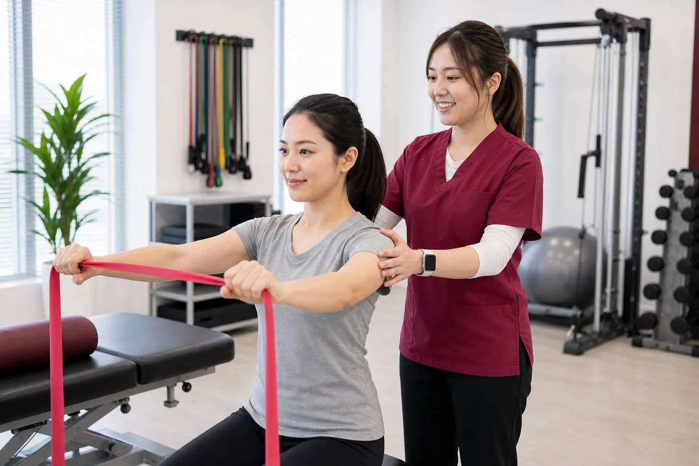 Home 16 Female therapist in maroon scrubs guiding a resistance band rehab exercise