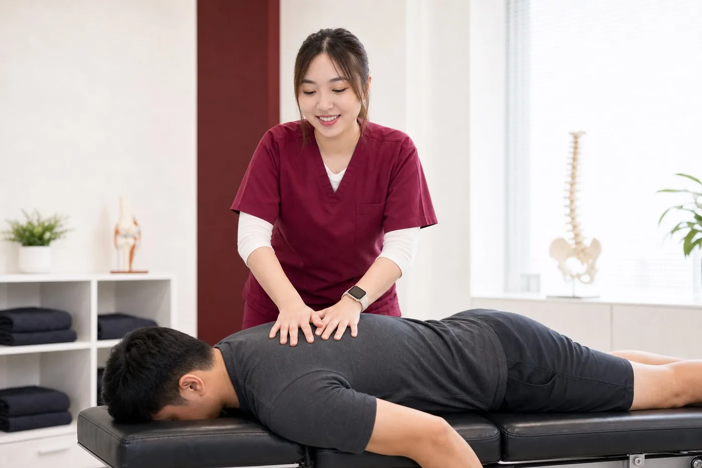 Home 15 Female therapist in maroon scrubs providing hands-on manual therapy in a bright clinic