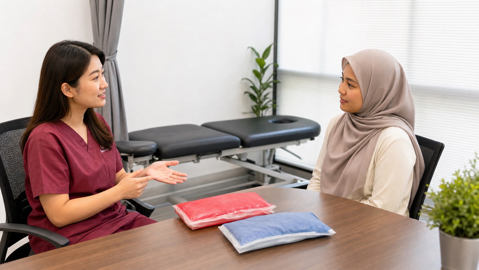 Chinese Malaysian One Spine clinician in maroon scrubs explaining heat and ice packs to a Malay female patient in Kuala Lumpur