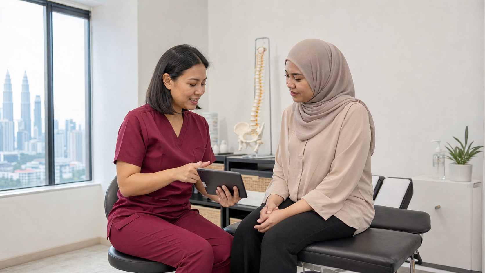 Is It Normal to Feel Sore After a Chiropractic Adjustment? 1 Chinese Malaysian One Spine clinician in maroon scrubs explaining post adjustment soreness to a Malay female patient in a TTDI clinic