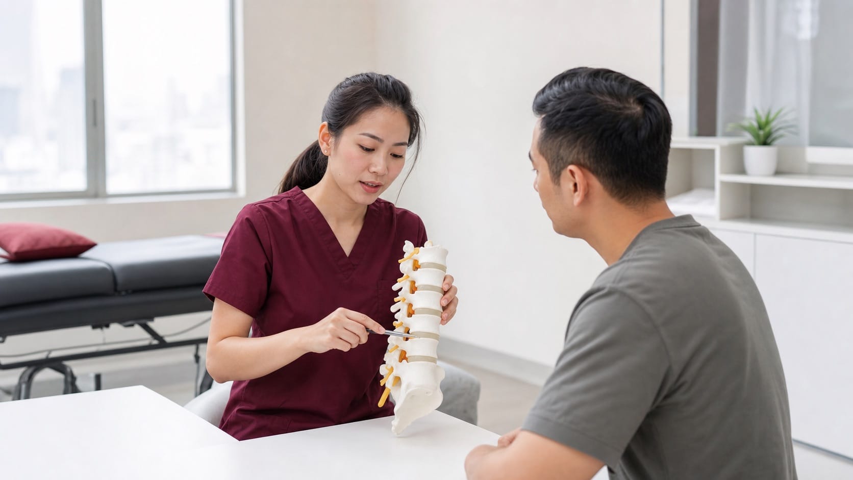 One Spine clinician in maroon scrubs explaining an L4-L5 and L5-S1 disc bulge model to a Malaysian patient