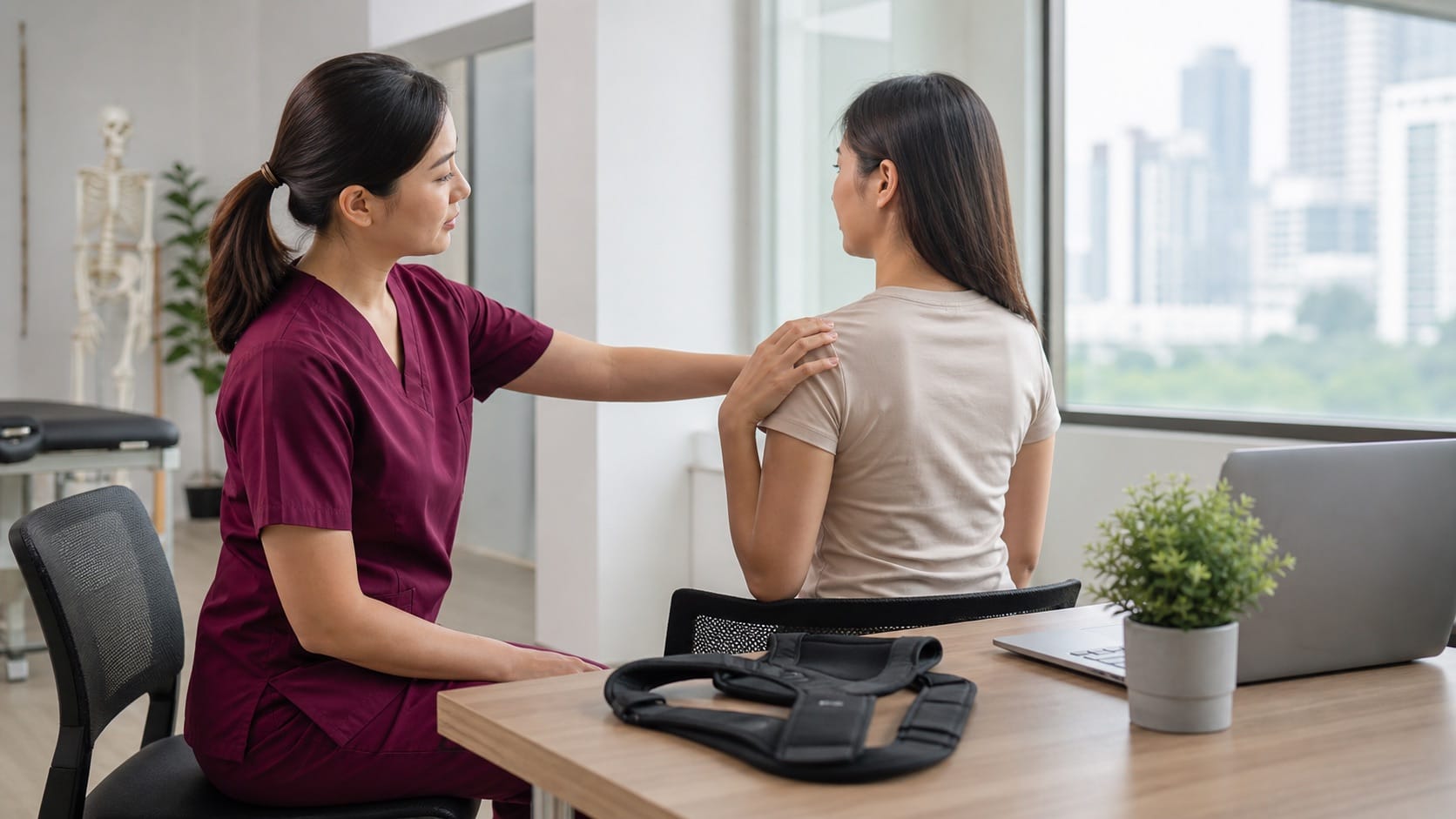 One Spine clinician in maroon scrubs assessing desk posture with a Malaysian office worker and posture corrector on the table
