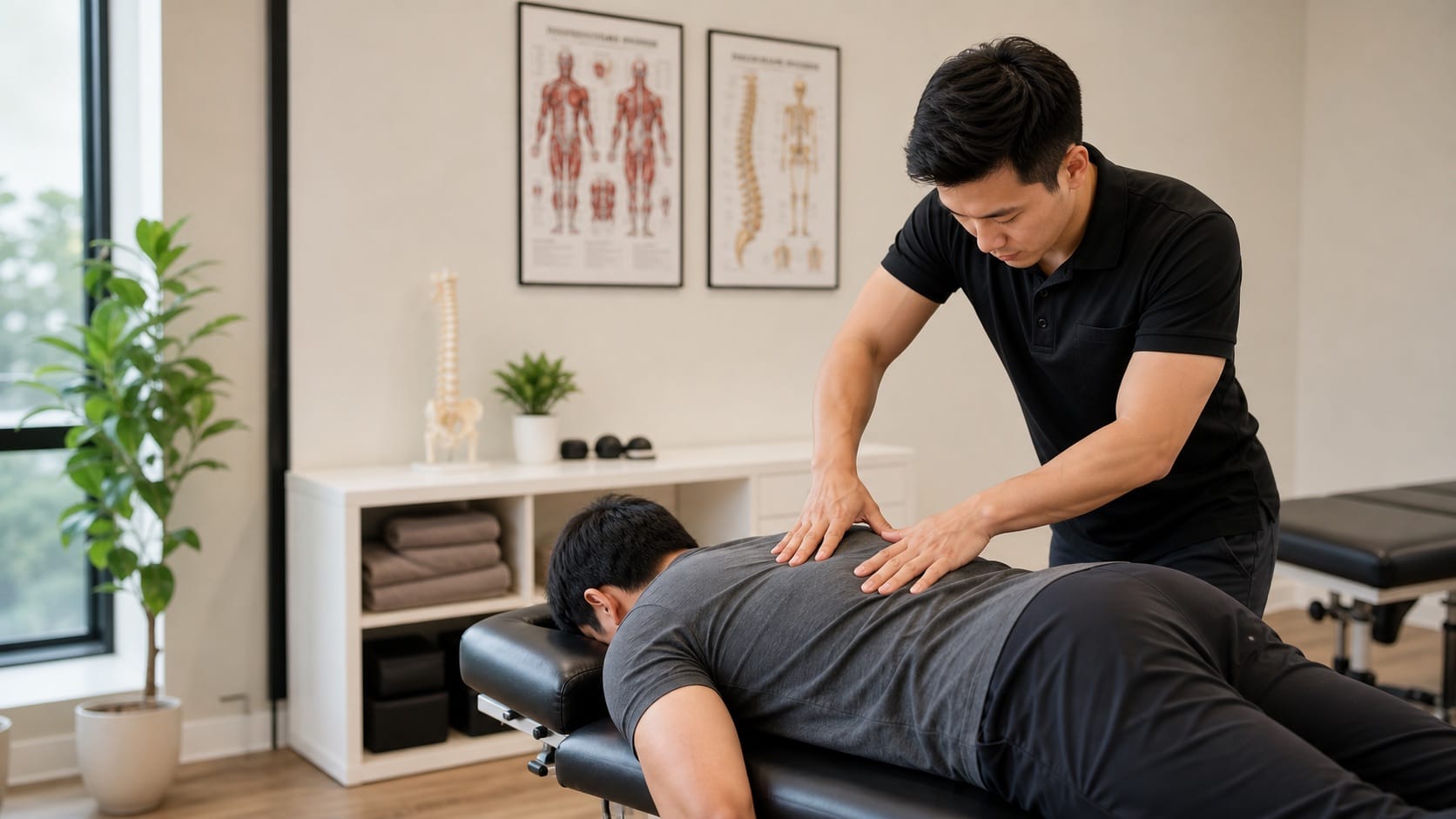 One Spine clinician assessing posture, neck, and shoulder movement for a patient in TTDI