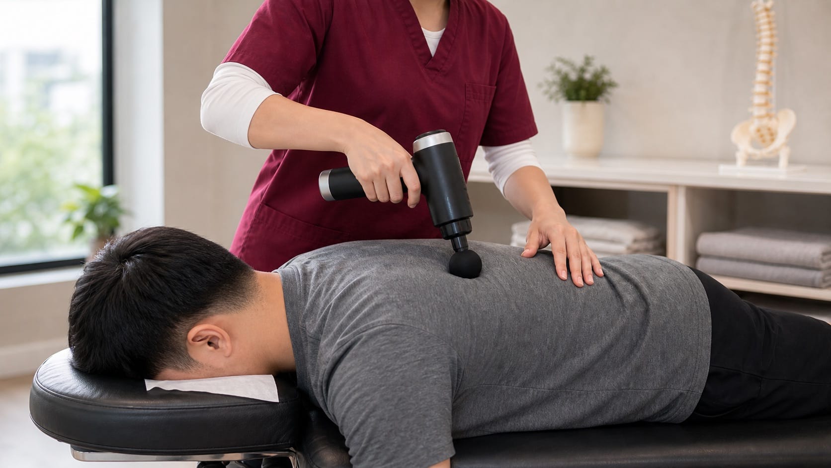 Percussive therapy device used on a patient's back Percussive therapy device used on a patient's back