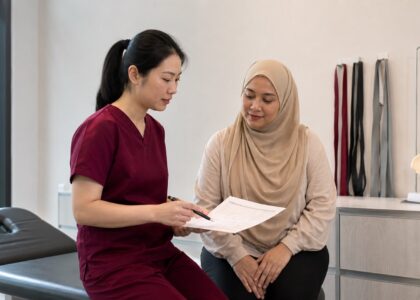 Chinese female clinician in maroon scrubs explaining back pain care options to a Malaysian patient in a clinic