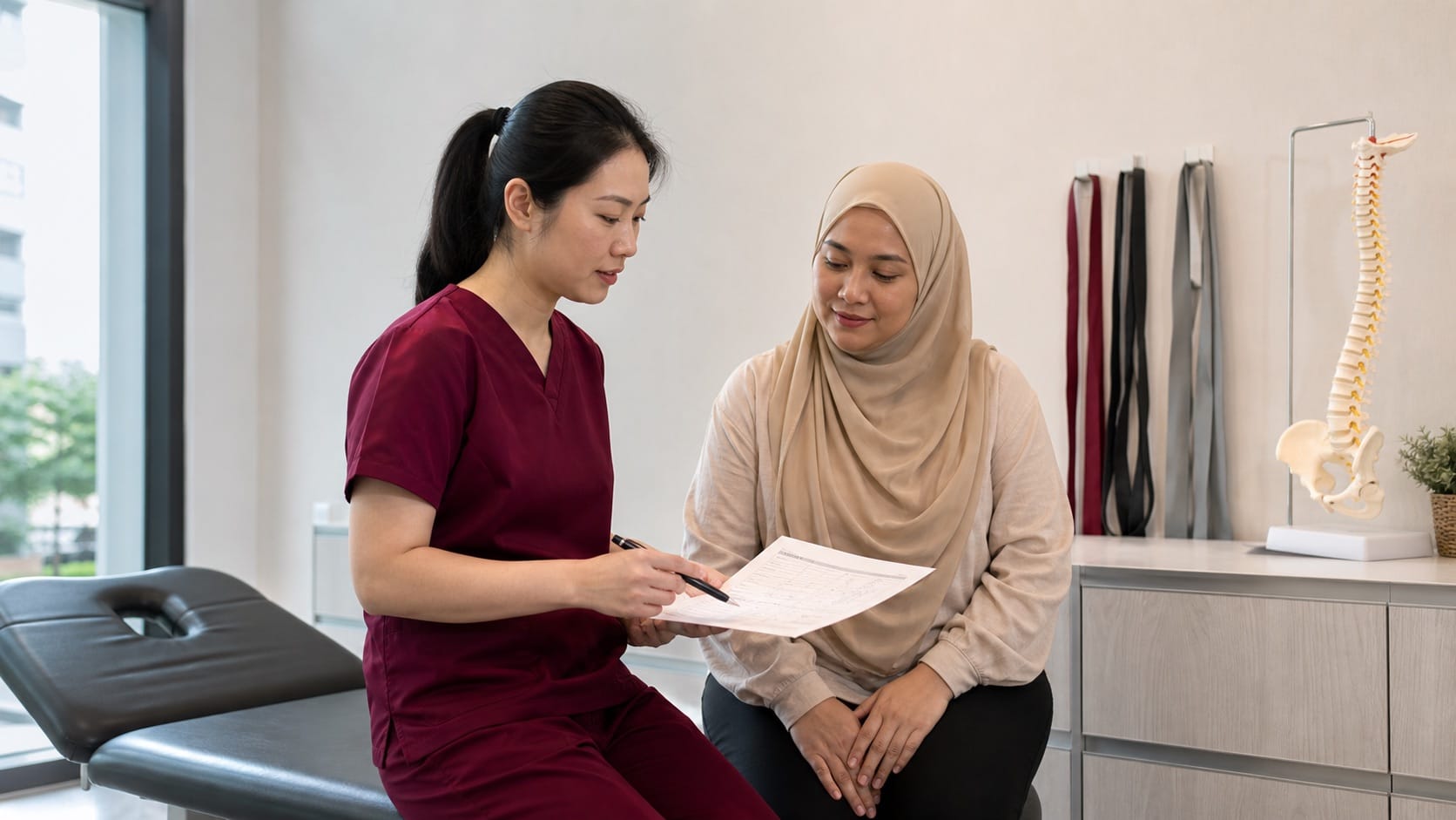 Chinese female clinician in maroon scrubs explaining back pain care options to a Malaysian patient in a clinic
