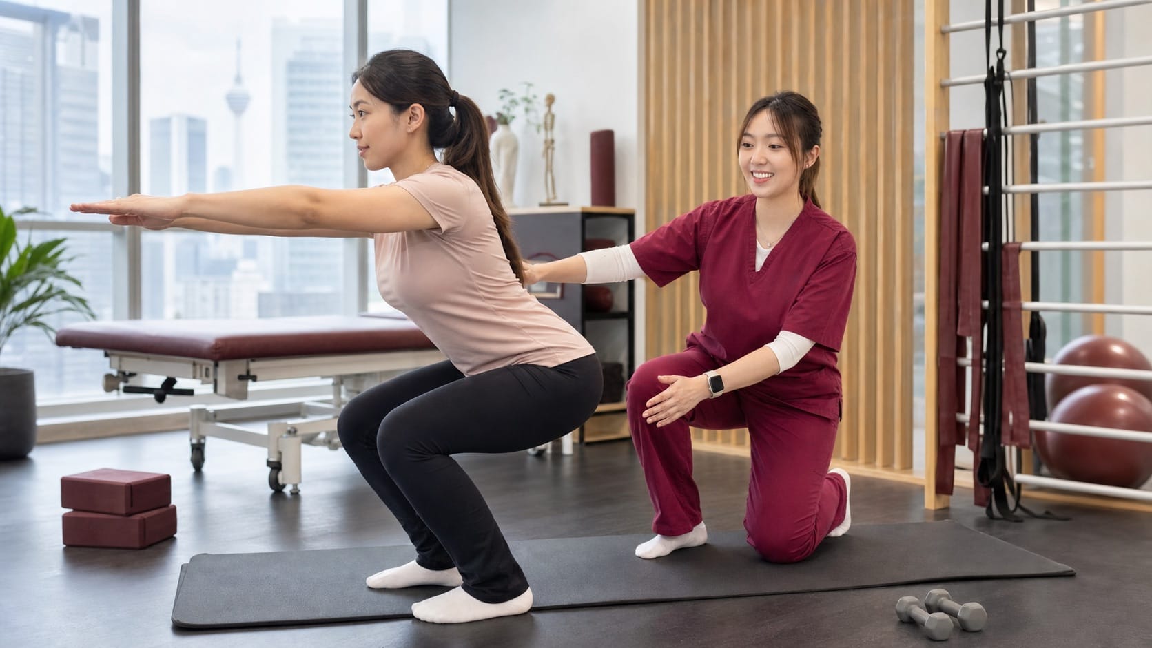 Female One Spine clinician in maroon scrubs coaching a Malaysian patient through a safe squat in a rehabilitation clinic