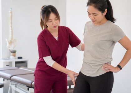 Ivy from One Spine assessing hip and pelvis movement in a clinic setting