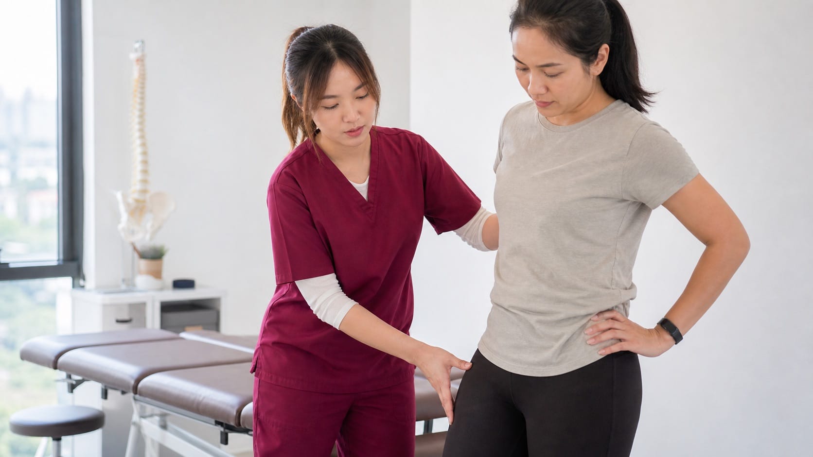 Ivy from One Spine assessing hip and pelvis movement in a clinic setting
