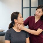 Chinese female clinician in maroon scrubs assessing neck movement with a Malaysian patient in a clinic