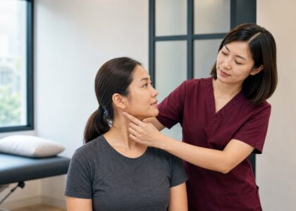 Chinese female clinician in maroon scrubs assessing neck movement with a Malaysian patient in a clinic
