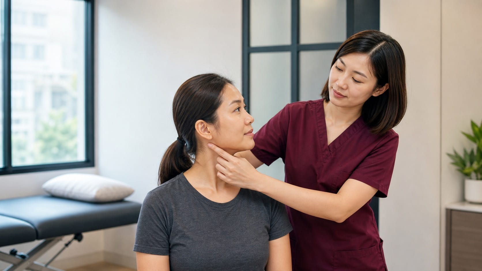Chinese female clinician in maroon scrubs assessing neck movement with a Malaysian patient in a clinic
