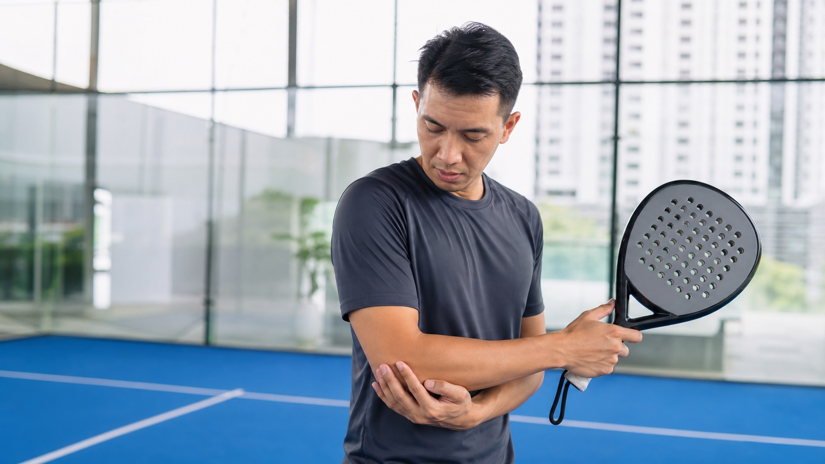 Malaysian recreational padel player with outer elbow pain after racket sport