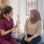 One Spine clinician in maroon scrubs explaining lower back disc symptoms with a Malaysian office worker patient