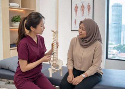 One Spine clinician in maroon scrubs explaining lower back disc symptoms with a Malaysian office worker patient