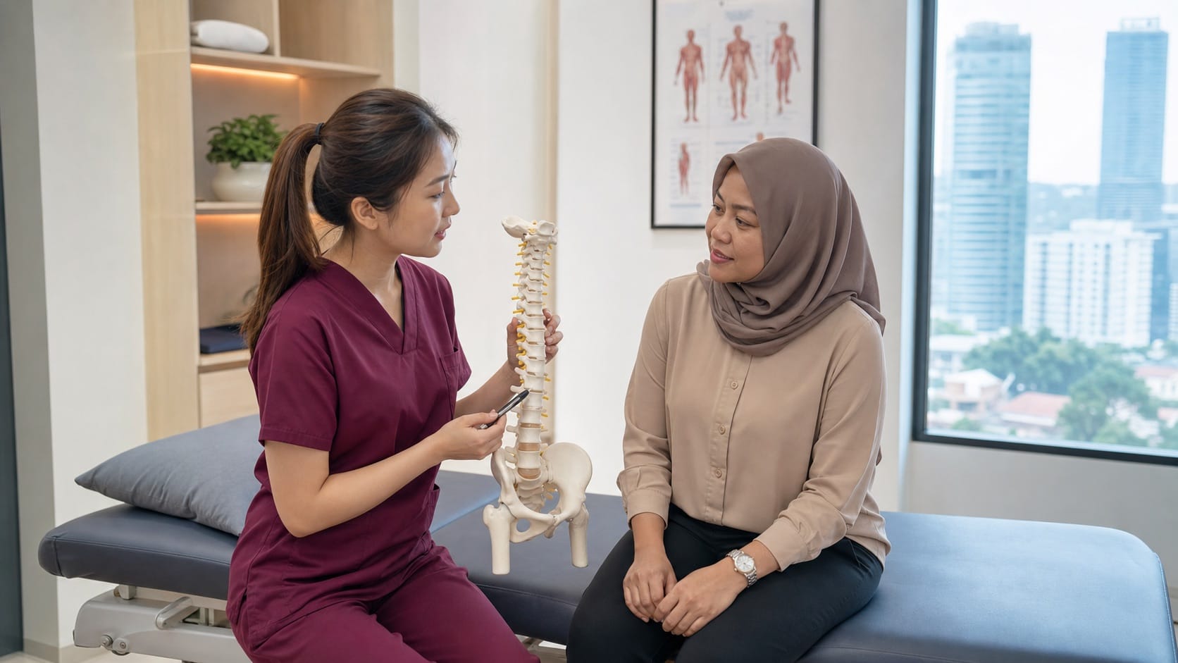 One Spine clinician in maroon scrubs explaining lower back disc symptoms with a Malaysian office worker patient