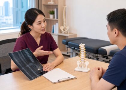 One Spine clinician in maroon scrubs explaining X-ray and MRI findings with a Malaysian patient in a clinic consultation