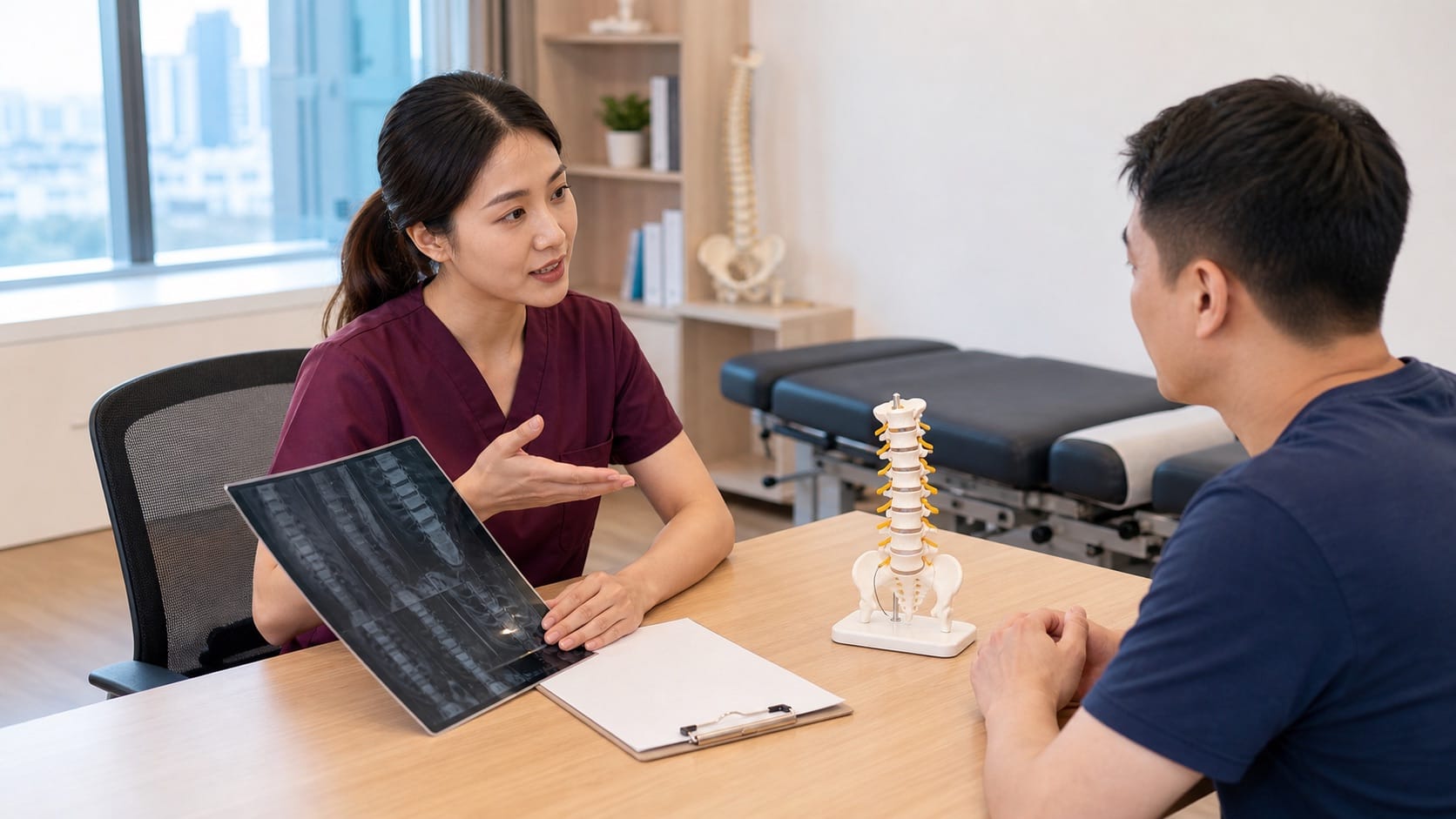 One Spine clinician in maroon scrubs explaining X-ray and MRI findings with a Malaysian patient in a clinic consultation