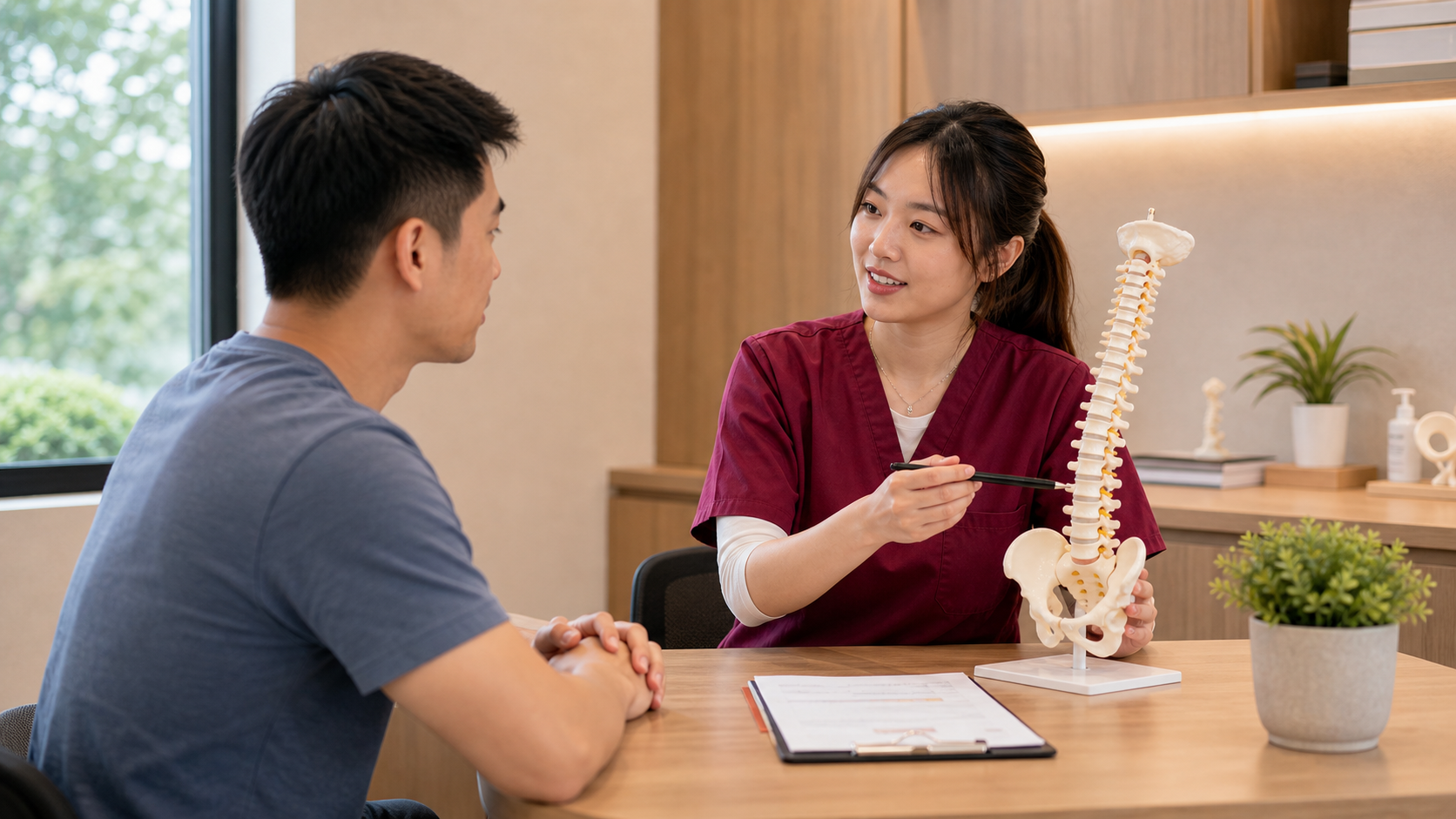 One Spine practitioner explaining spine assessment with a patient