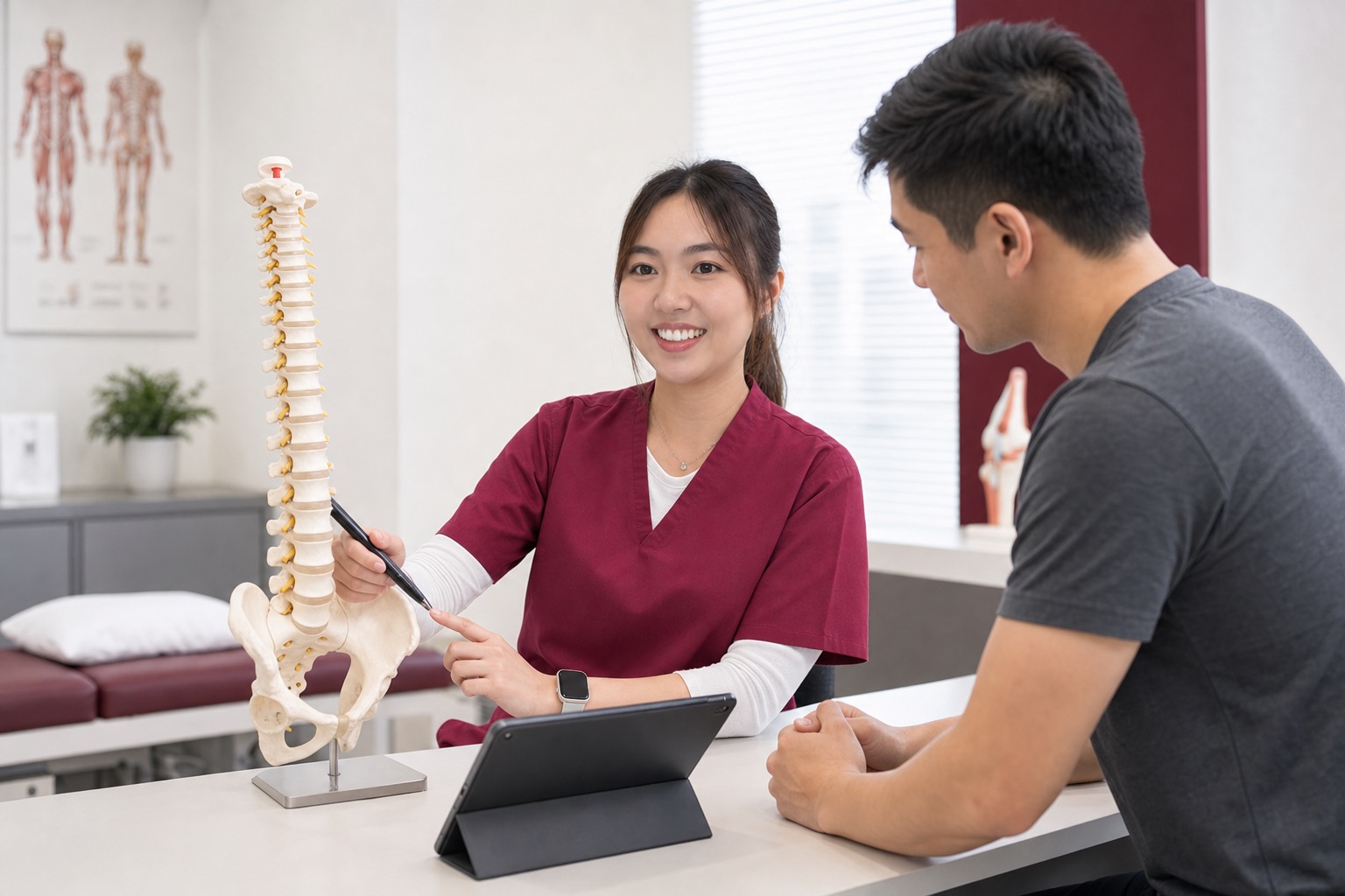 Clinician explaining a spine assessment to a patient at One Spine